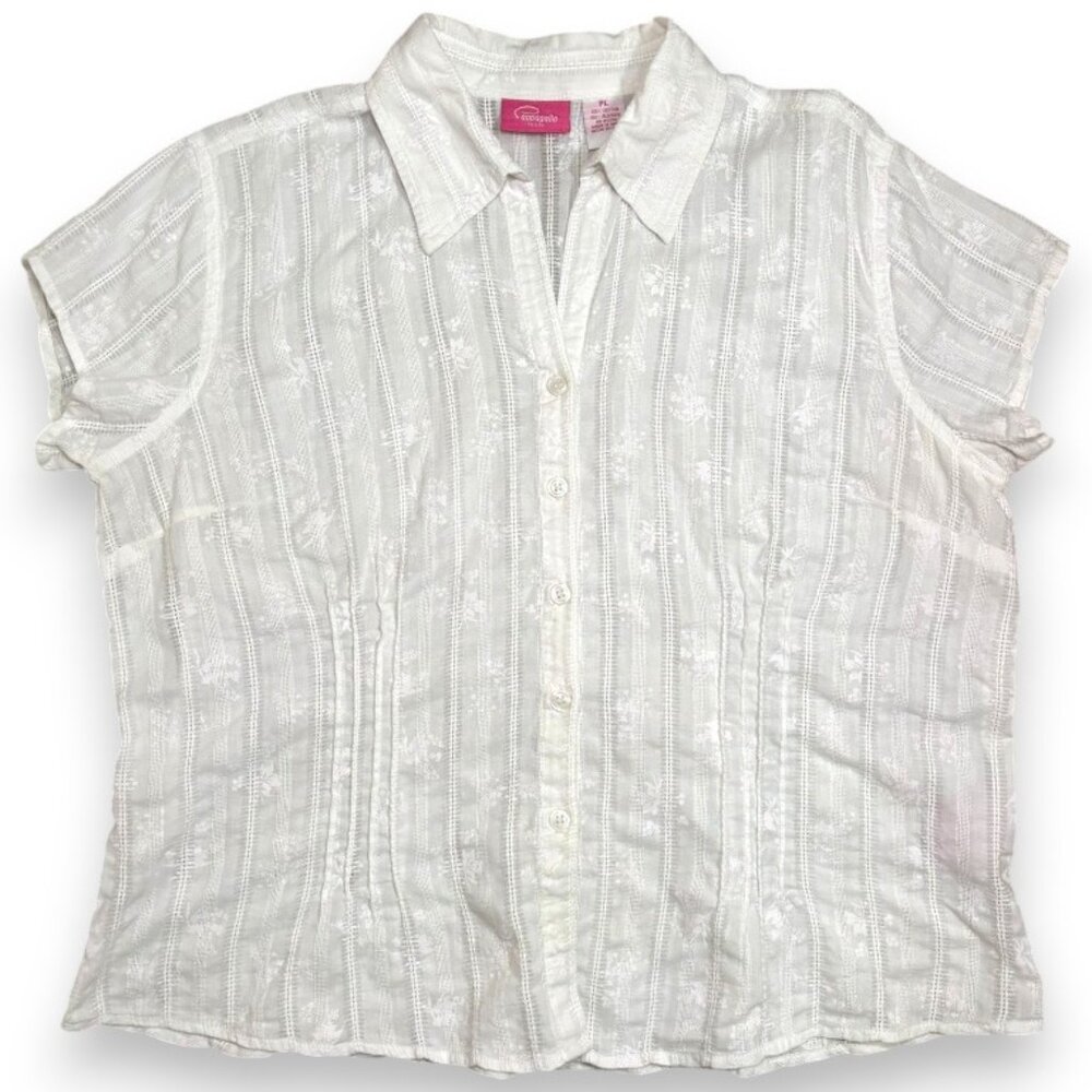 Cappagallo White 100% Cotton Button Down Blouse Floral Lace Cottagecore Large P